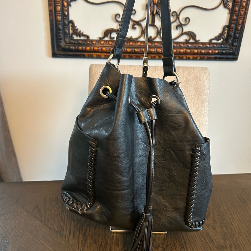 Black Drawstring Shoulder Bag with Tassel